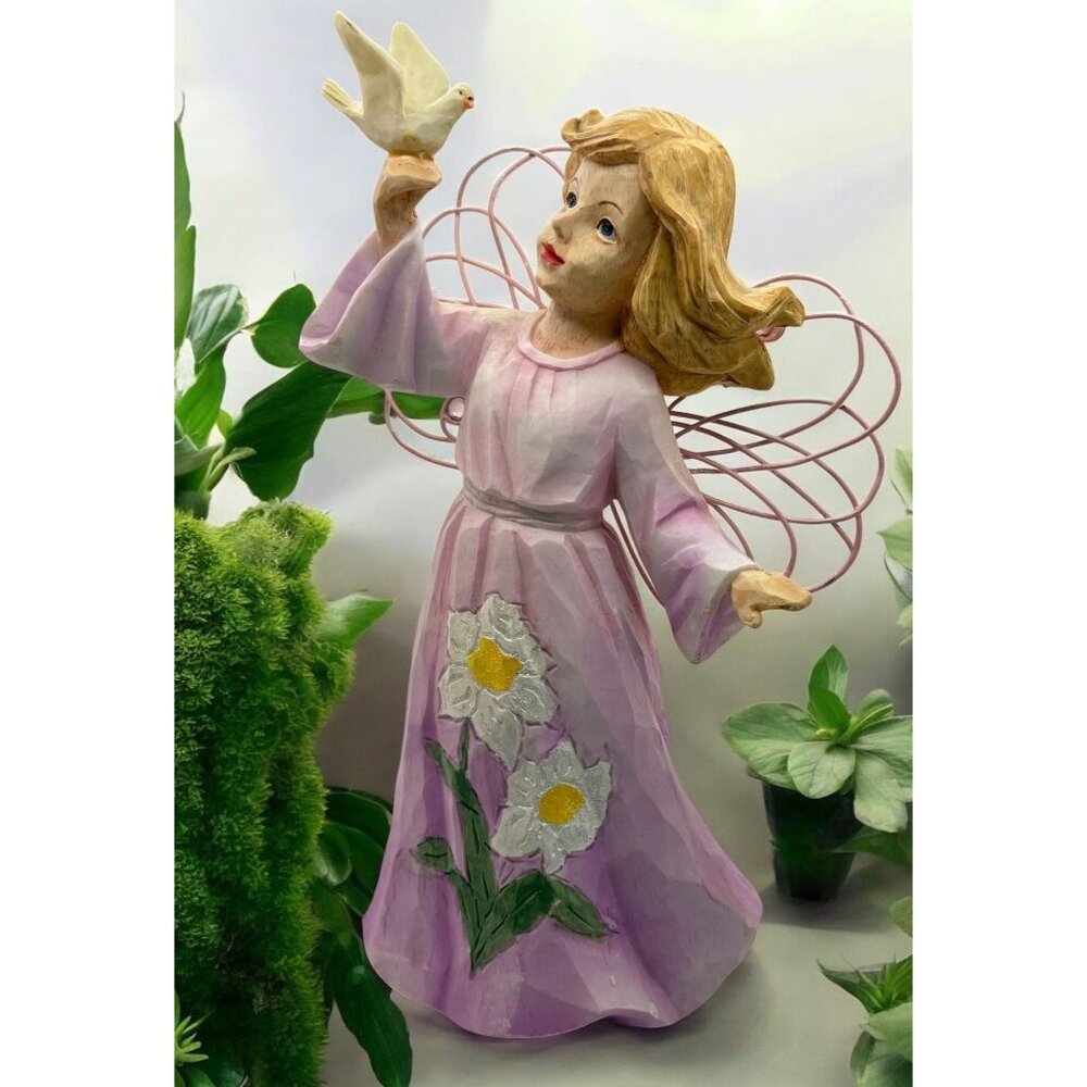 Summer Angel Fairy with Dove Floral Lavender Gown Carved Style Peace Serenity